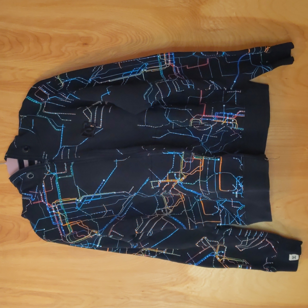 DC Men's Black Zip-Up Sweater with Multicolor Neon Line Pattern